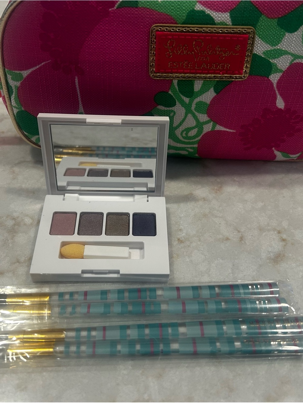Estée Lauder x Lilly Pulitzer Pink Floral Cosmetic Pouch & Neutral Eyeshadow Set